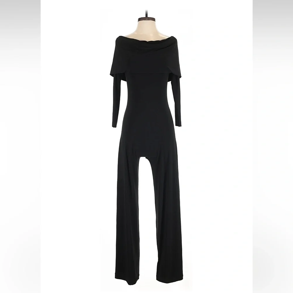 NORMA KAMALI Foldover Off Shoulder Straight Leg Jumpsuit XS Black - Picture 6 of 7